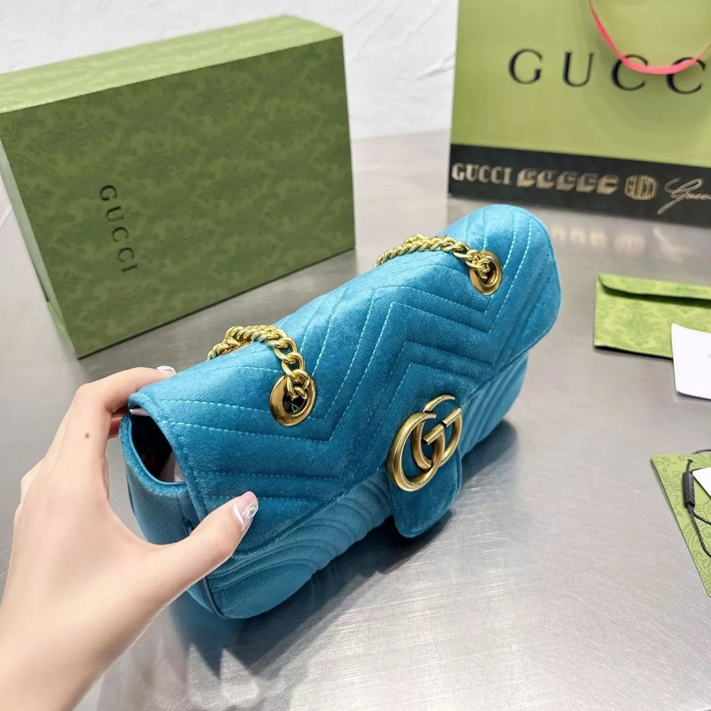 Gold Velvet Marmont Chain Shoulder Bag