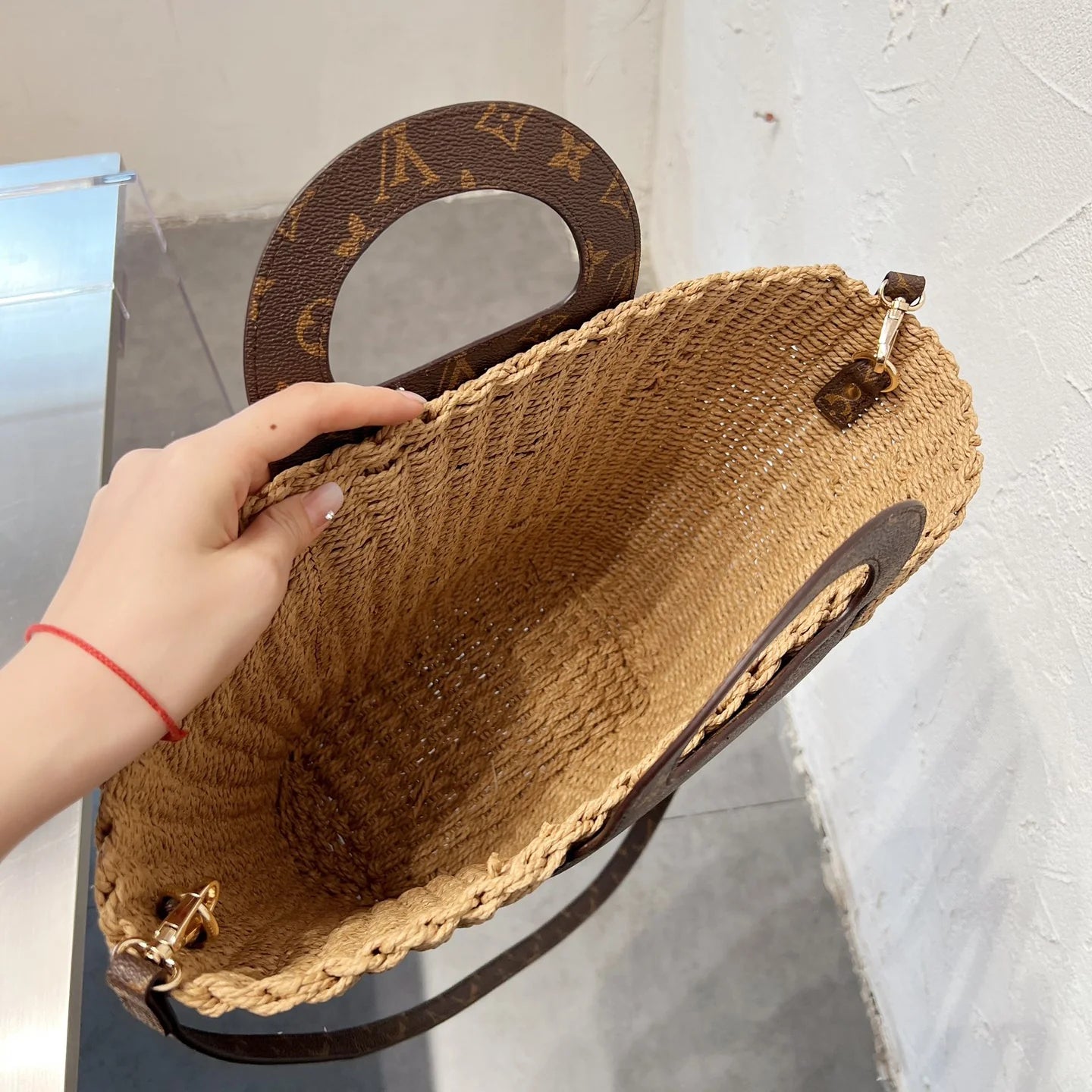 Leather-paneled Woven Straw Bag