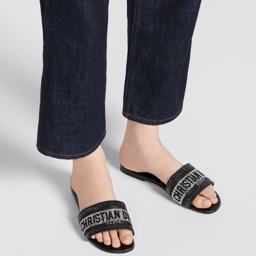 Letter Embroidered and Strass Flat Slides