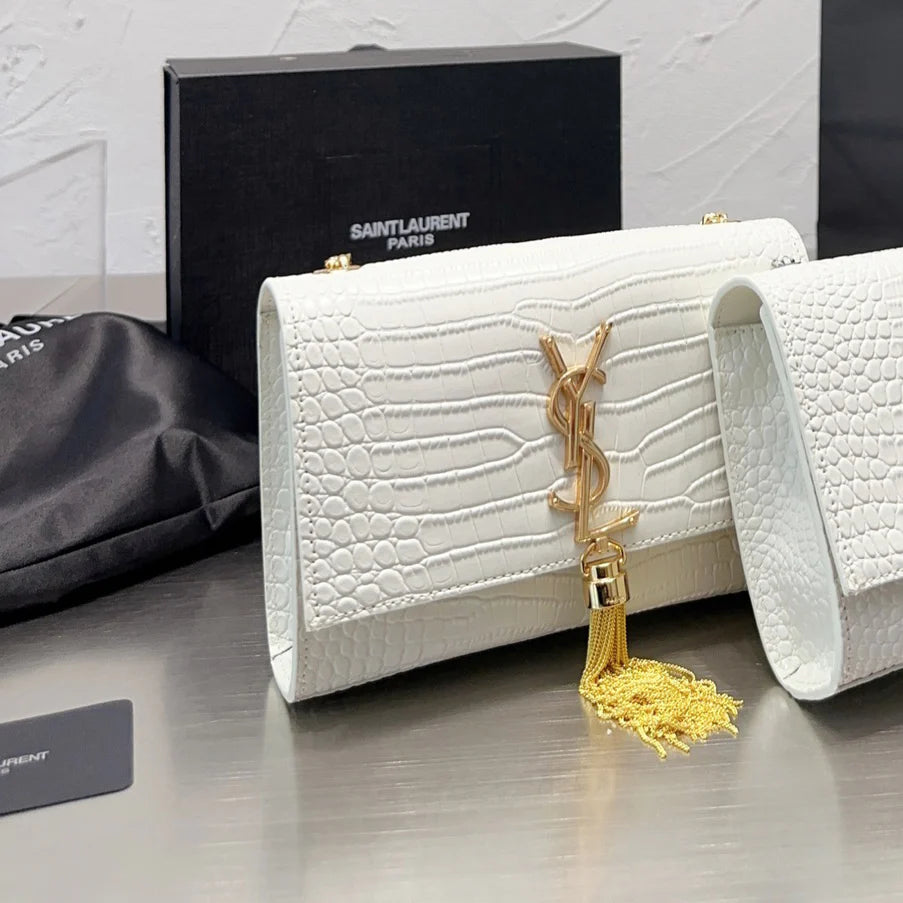 KATE Small Tassel Chain Bag in Croc-embossed shiny leather