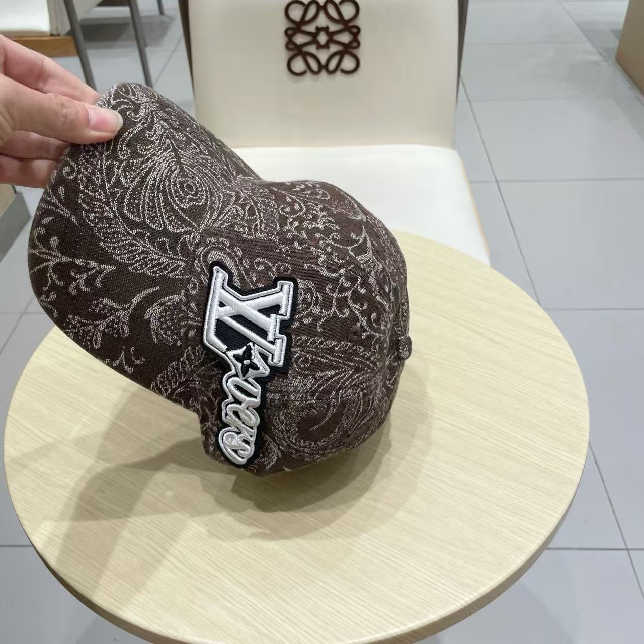 Baseball cap with dark print denim