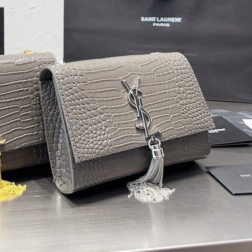KATE Small Tassel Chain Bag in Croc-embossed shiny leather