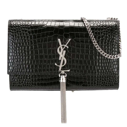 KATE Small Tassel Chain Bag in Croc-embossed shiny leather