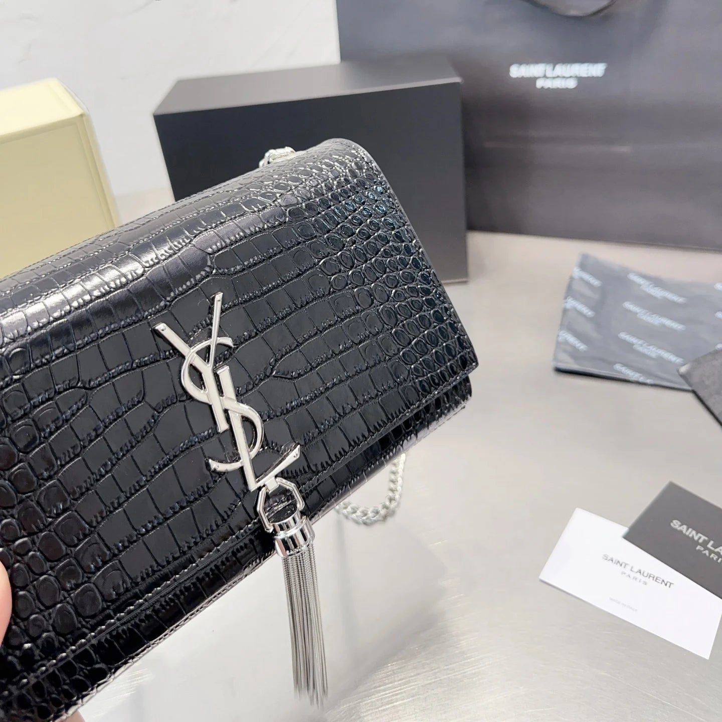 KATE Small Tassel Chain Bag in Croc-embossed shiny leather