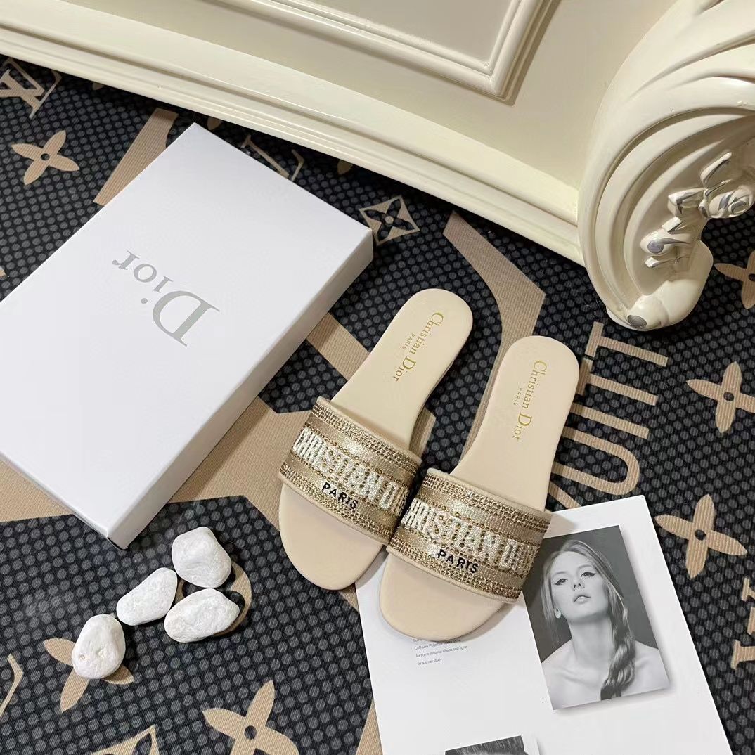 Letter Embroidered and Strass Flat Slides