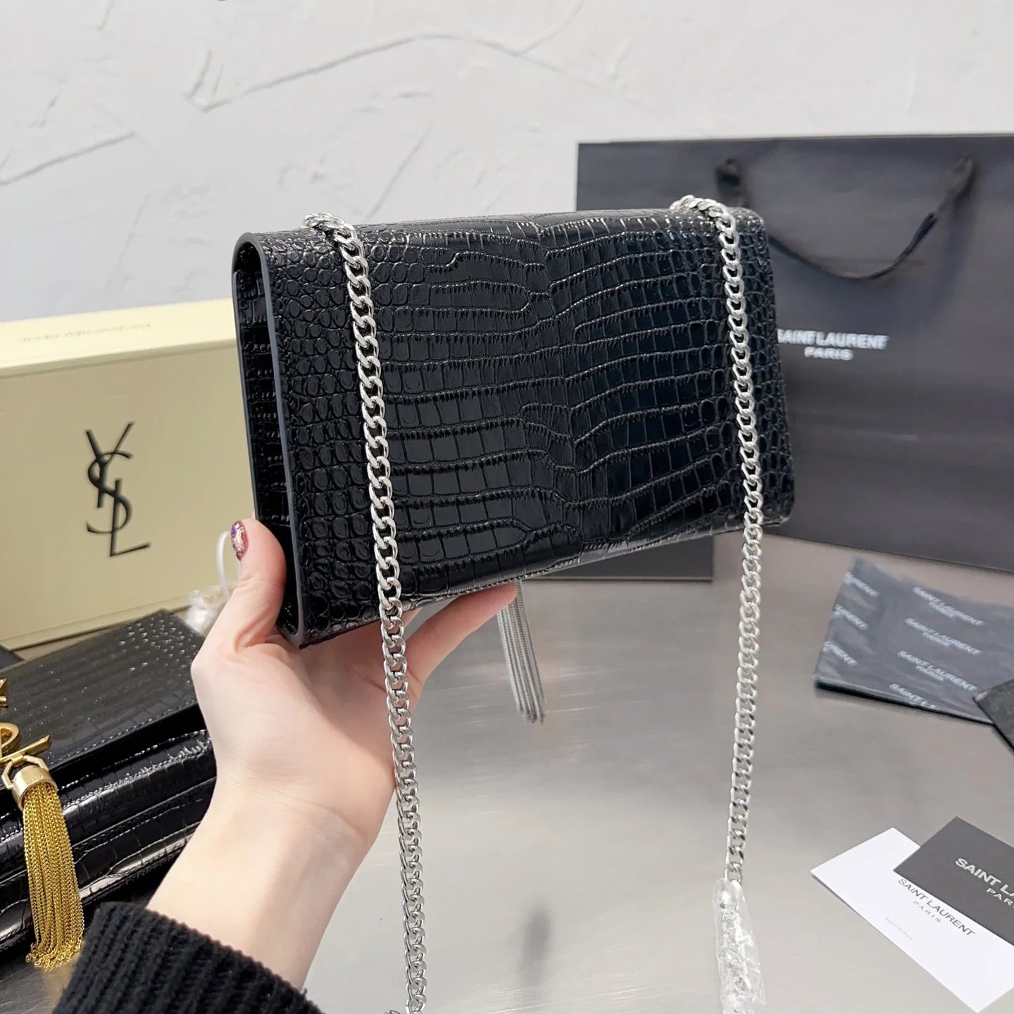 KATE Small Tassel Chain Bag in Croc-embossed shiny leather