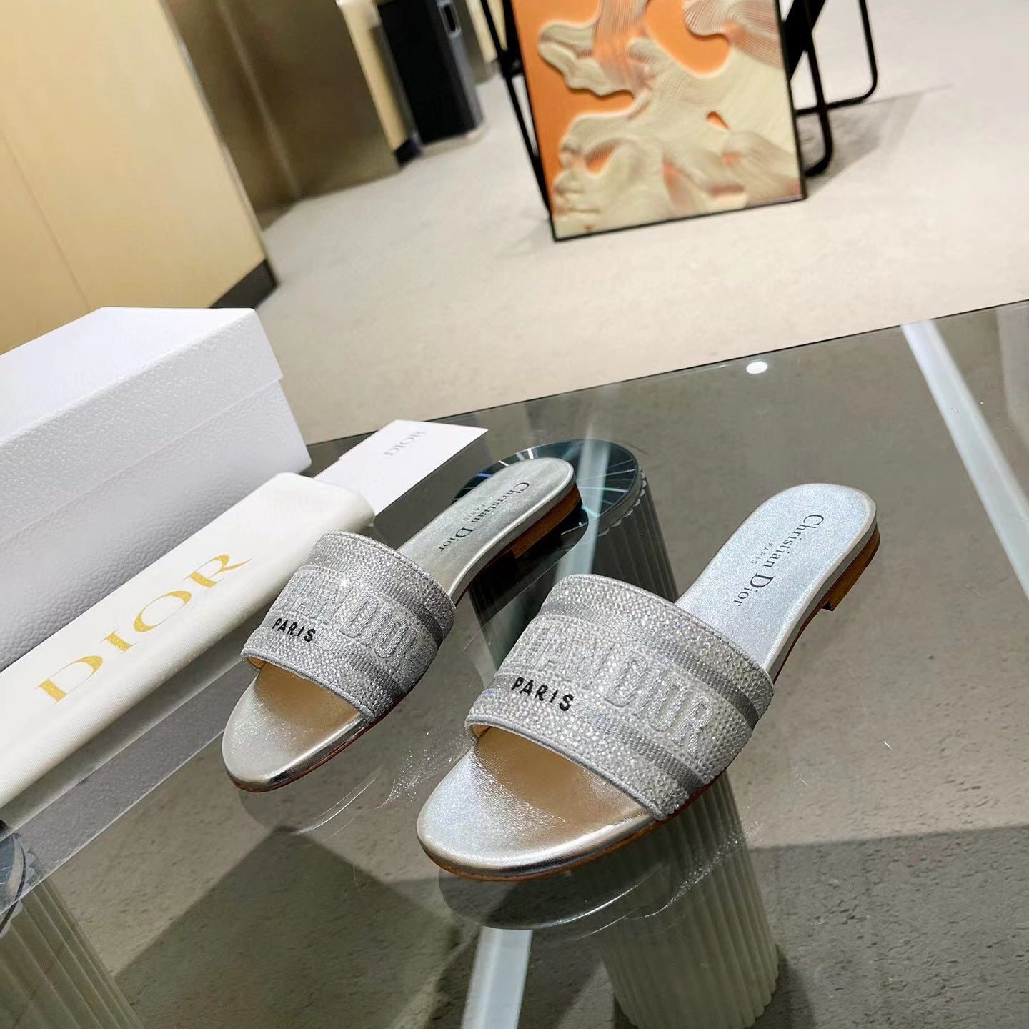 Letter Embroidered and Strass Flat Slides