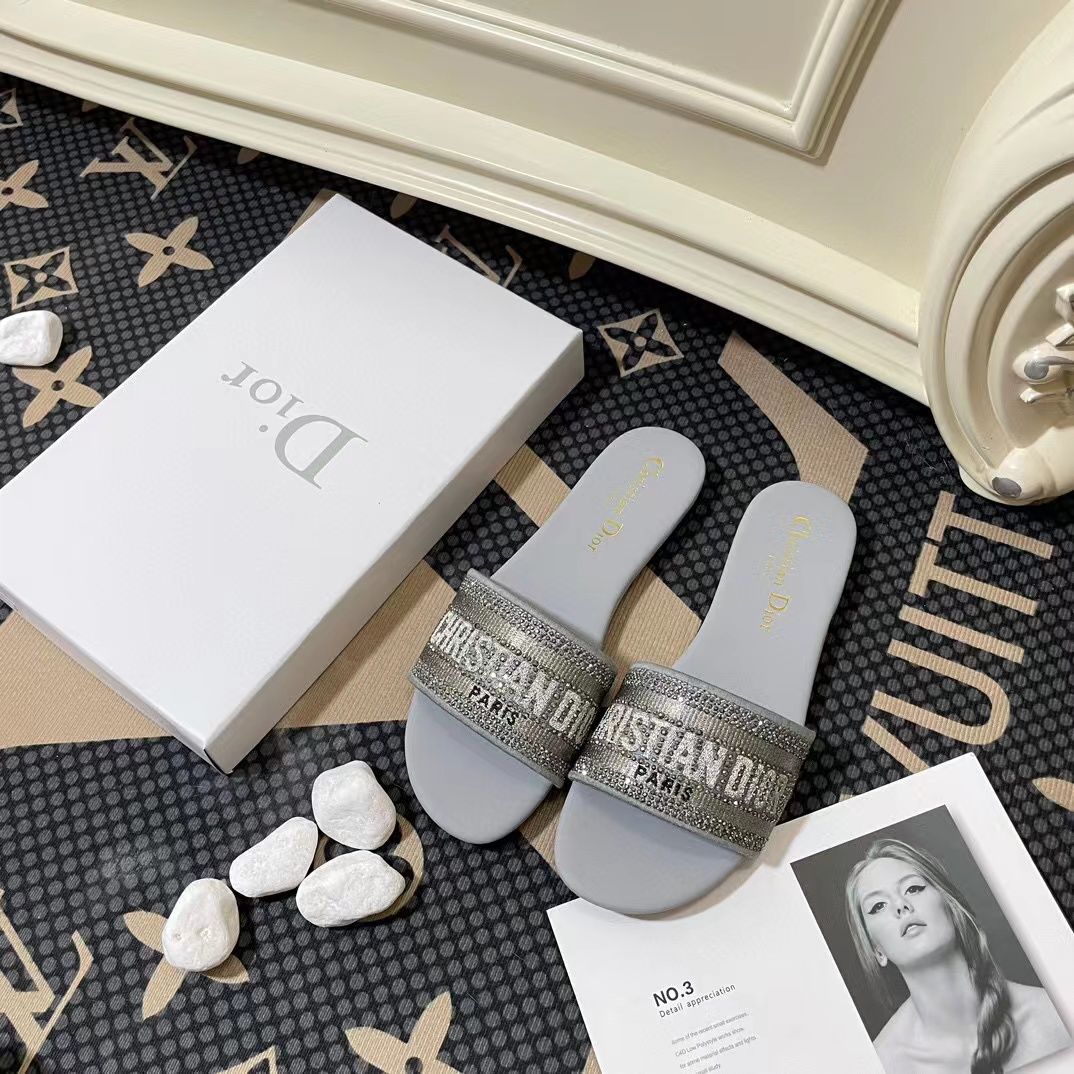 Letter Embroidered and Strass Flat Slides