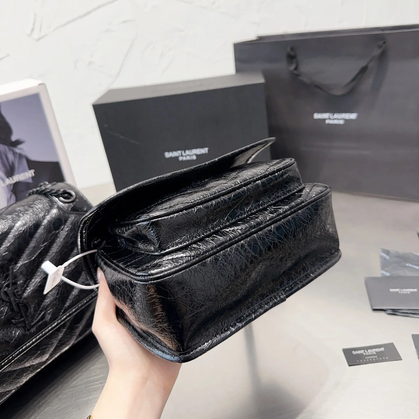 Crinkled Glossed-Leather Shoulder Bag