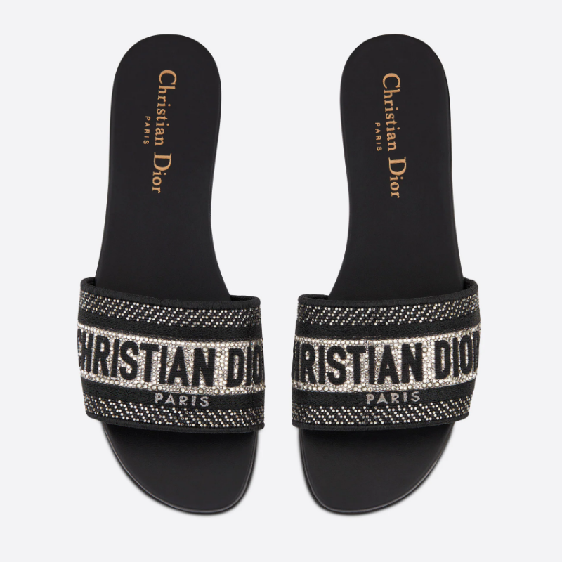 Letter Embroidered and Strass Flat Slides