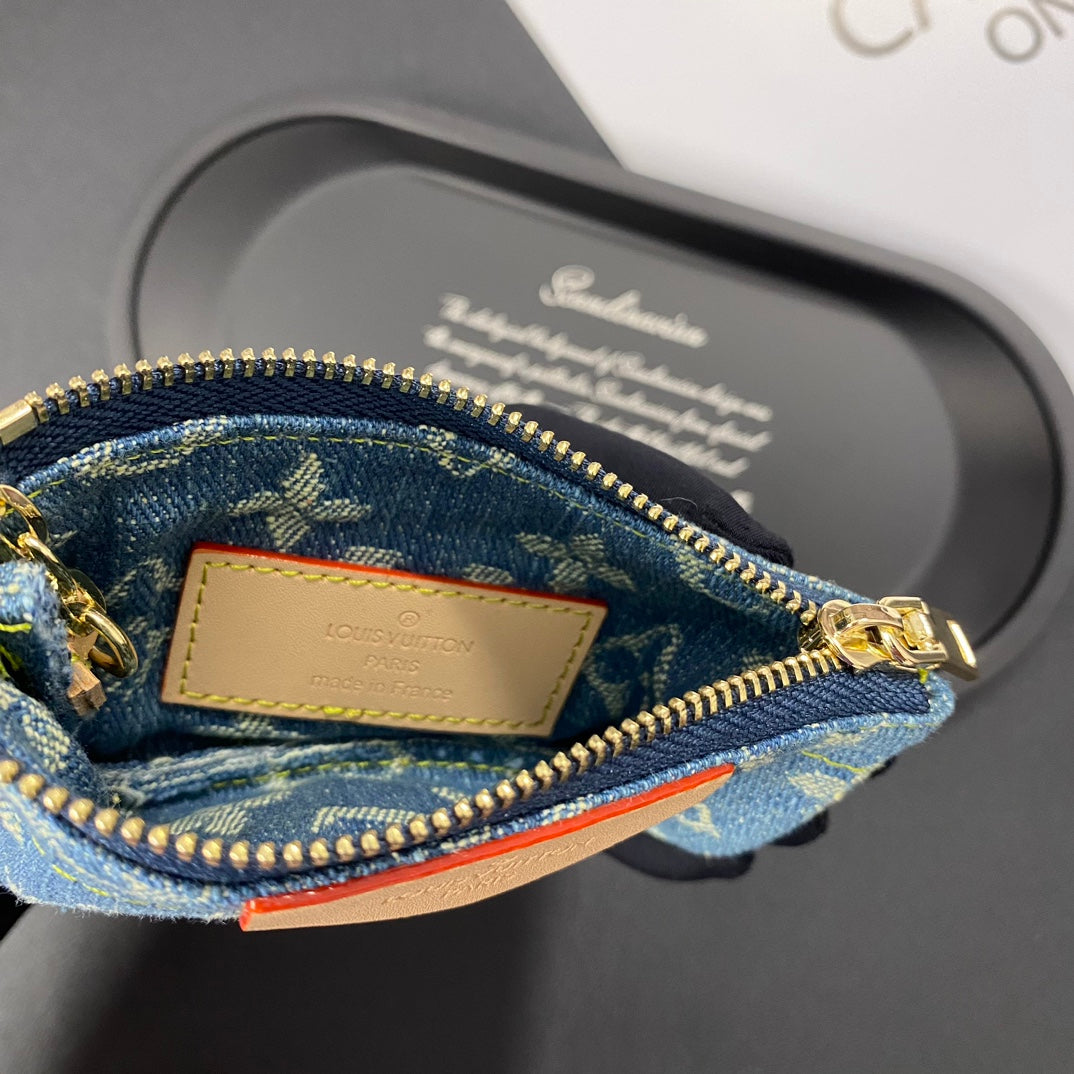 Denim embroidered card holder